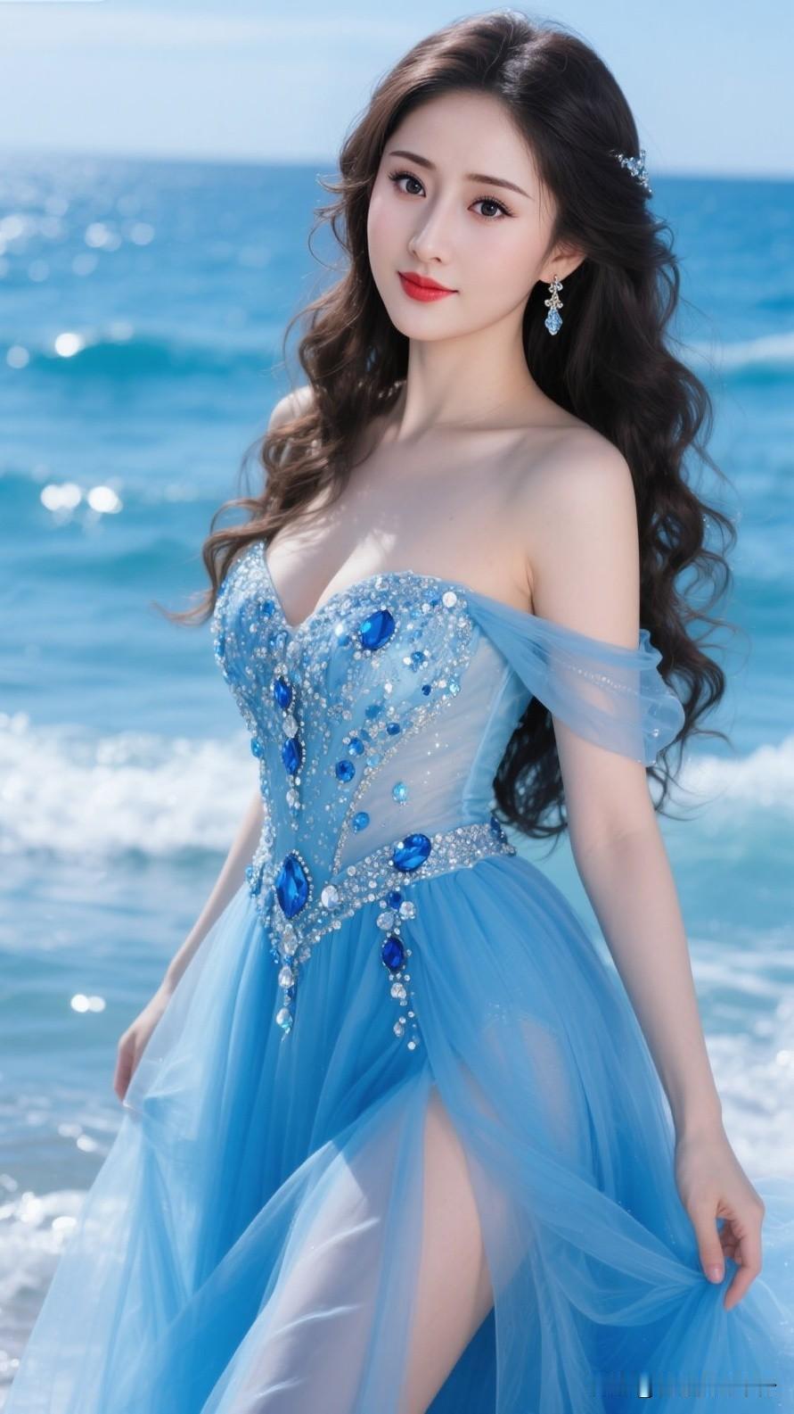 🌊深海人鱼公主上线！
雾蓝抹胸纱裙缀满蓝宝石碎钻✨，轻盈薄纱肩带仙气满满，高开