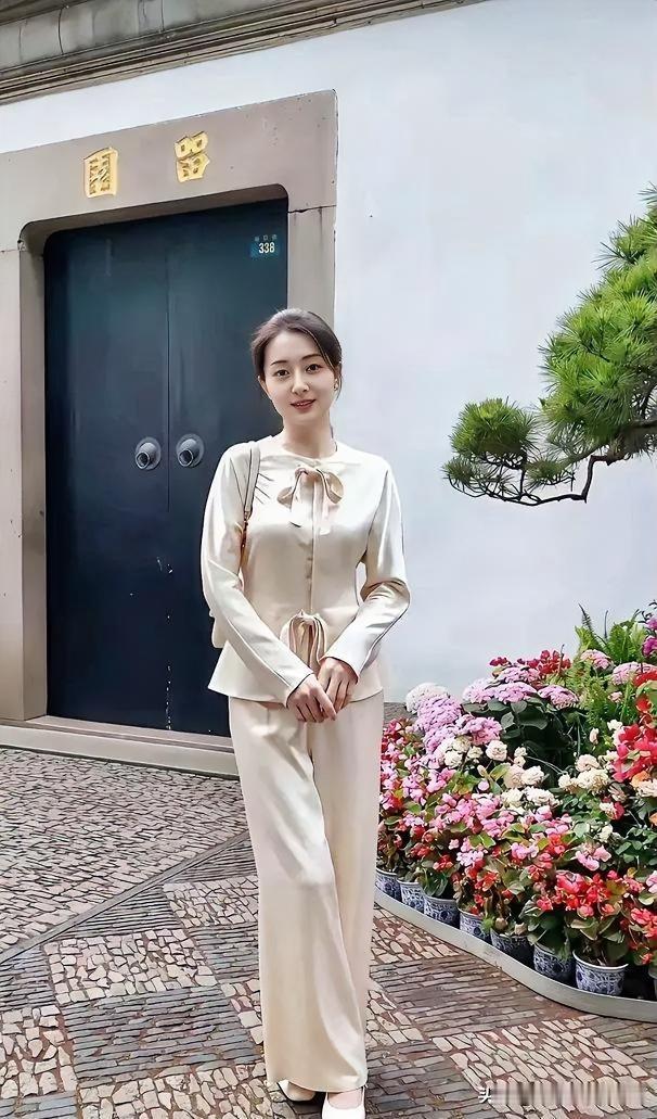 一袭米白套装，温婉如初夏的微光。蝴蝶结轻系颈间，勾勒出知性的轮廓。她立于繁花与古