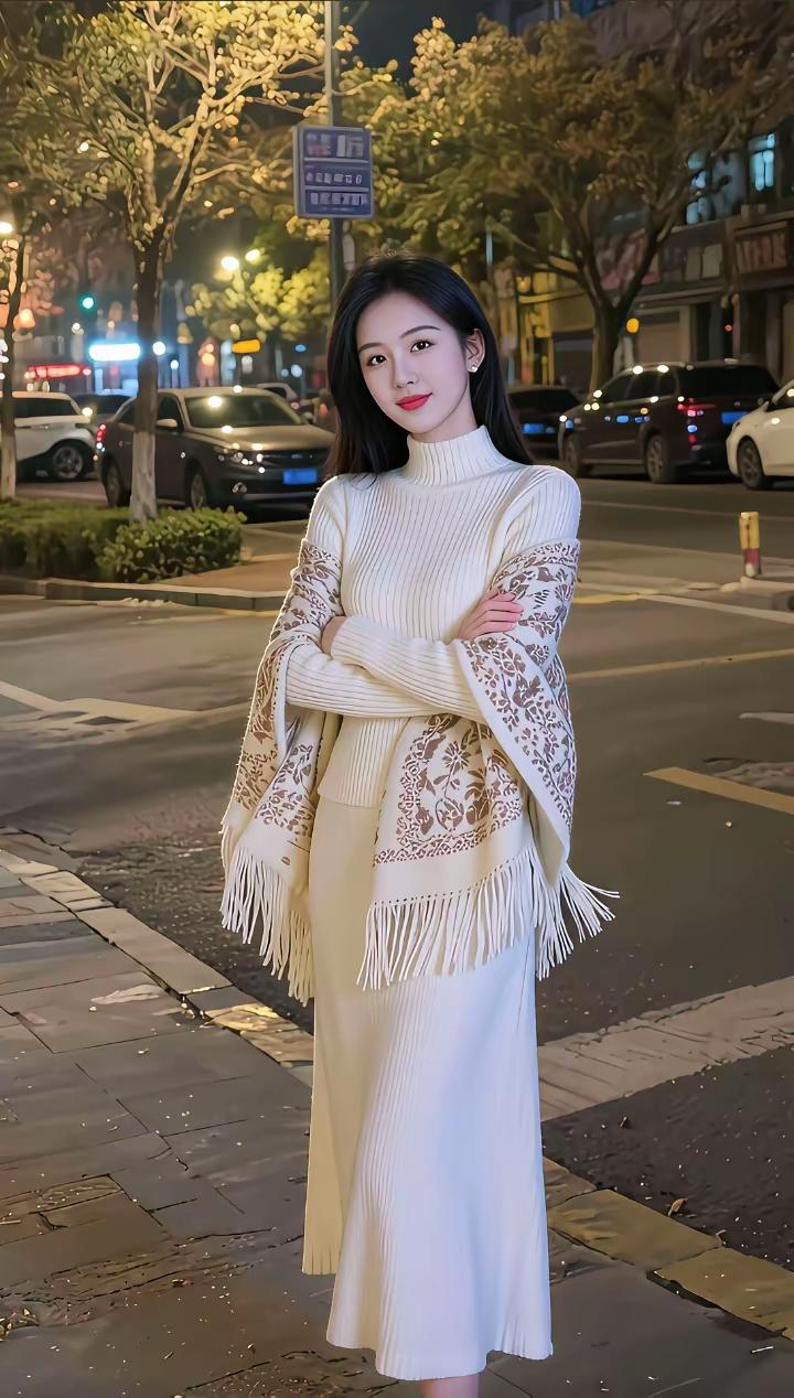 夜晚街头的优雅穿搭，白色毛衣与蕾丝披肩的完美结合，散发着温柔与时尚的气息。