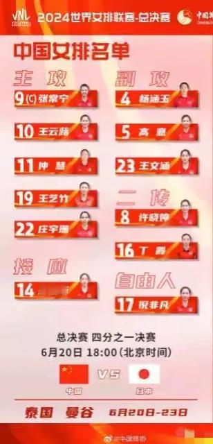 中国女排世联赛总决赛名单正式出炉：中国排协官方网站上发布的。

主攻：张常宁、王