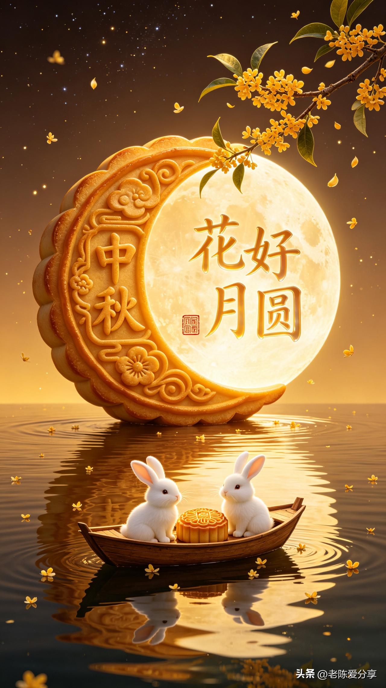 鹧鸪天·中秋

桂子浮香月满轮，玉盘斜倚水云痕。
扁舟载兔分香饼，画阁邀朋醉绮樽