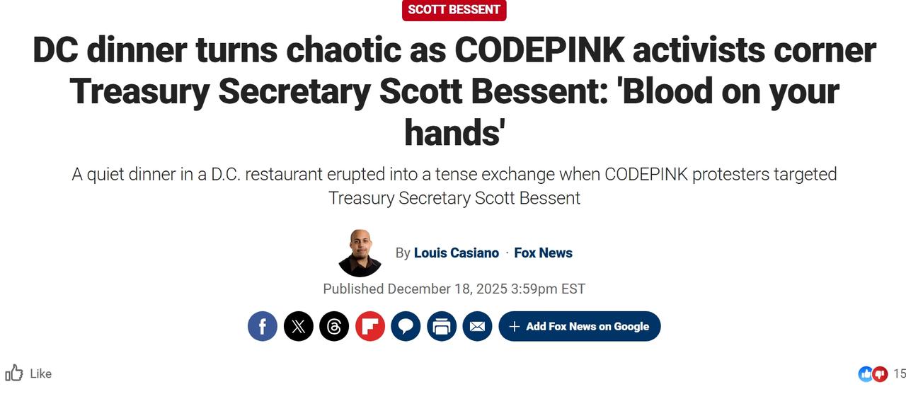 美国财长贝森特用餐时遭抗议者嘲讽：“你的双手沾满鲜血”
当地时间周三晚上，美国财