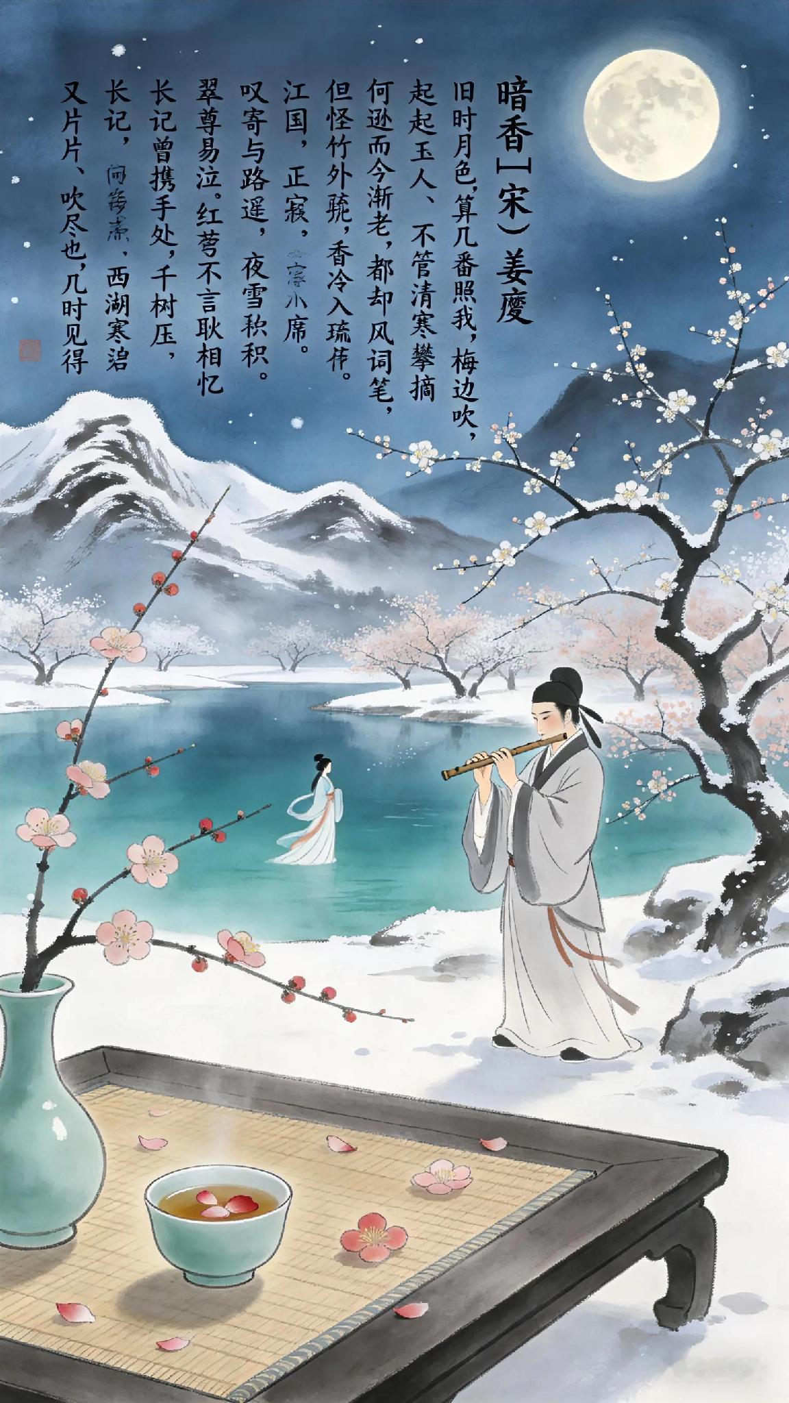 《暗香》宋、姜夔。
旧时月色，
算几番照我，
梅边吹笛？
唤起玉人、
不管清寒与