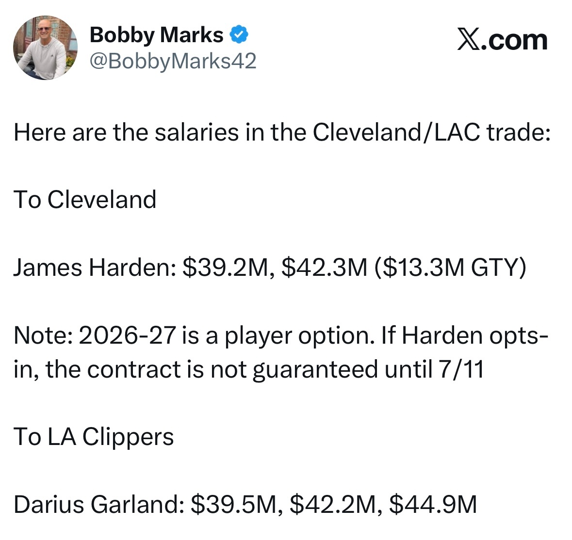 骑士快船交易薪资详情如下：加盟骑士（球员&薪资）詹姆斯·哈登：本赛季3920万美