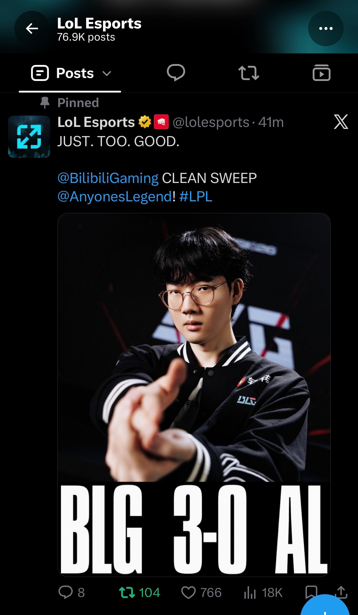 lolesports官推的新置顶“JUST. TOO. GOOD.” ​​​