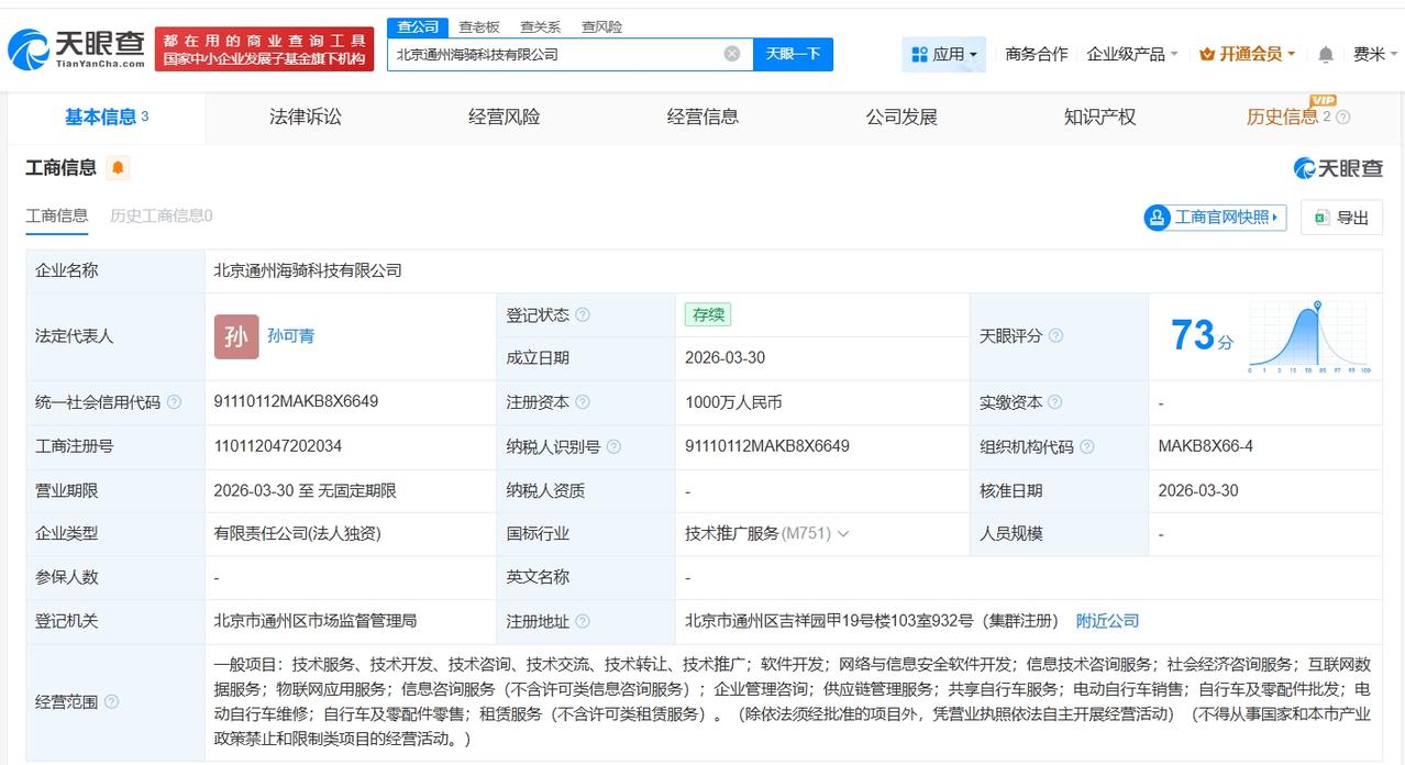 摩拜在北京通州成立海骑科技公司 注册资本1000万

天眼查App显示，近日，北