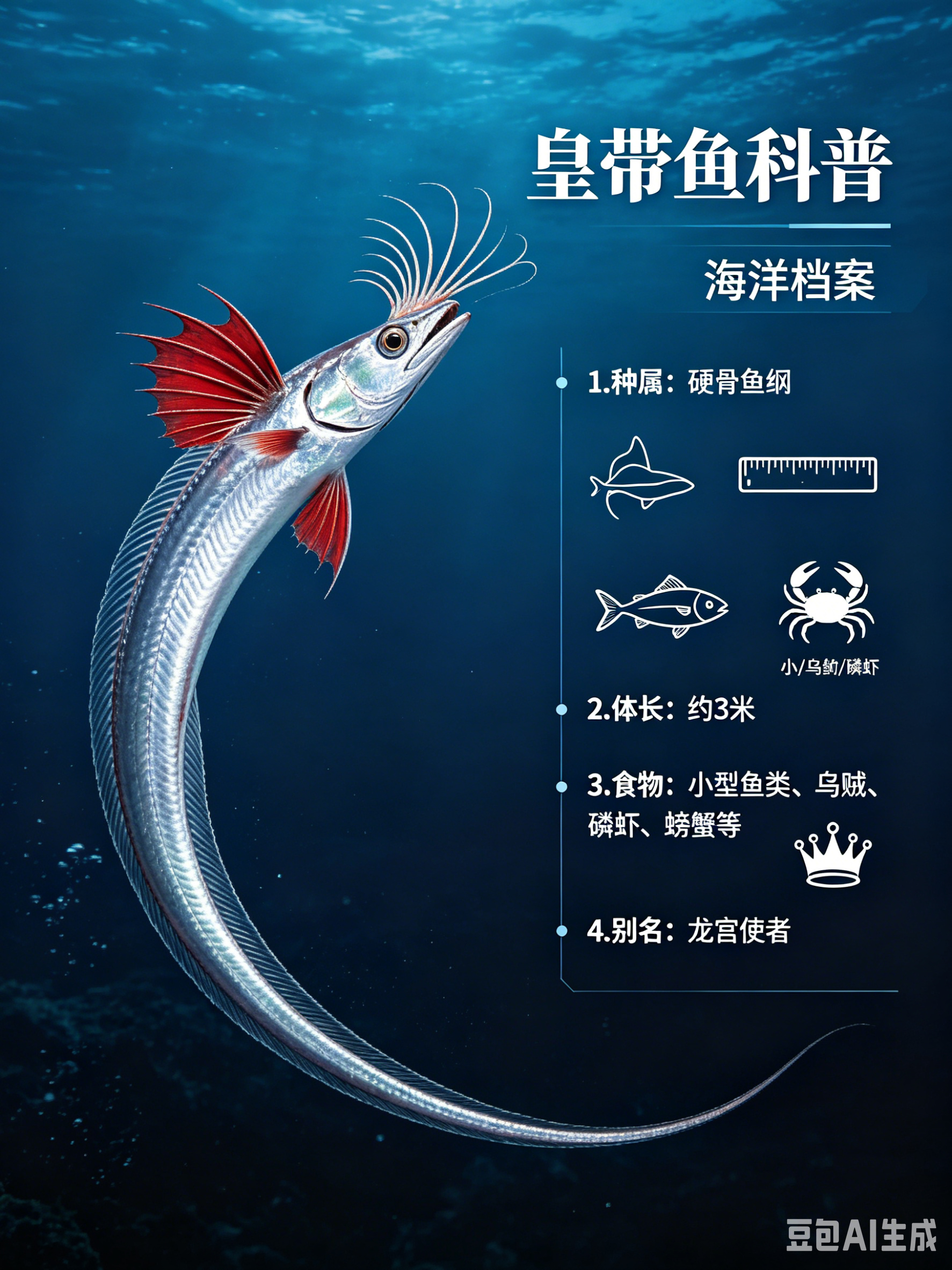 海洋朋友圈 皇带鱼海洋档案种　属：硬骨鱼纲体　长：约3米食　物：小型鱼类、乌贼、
