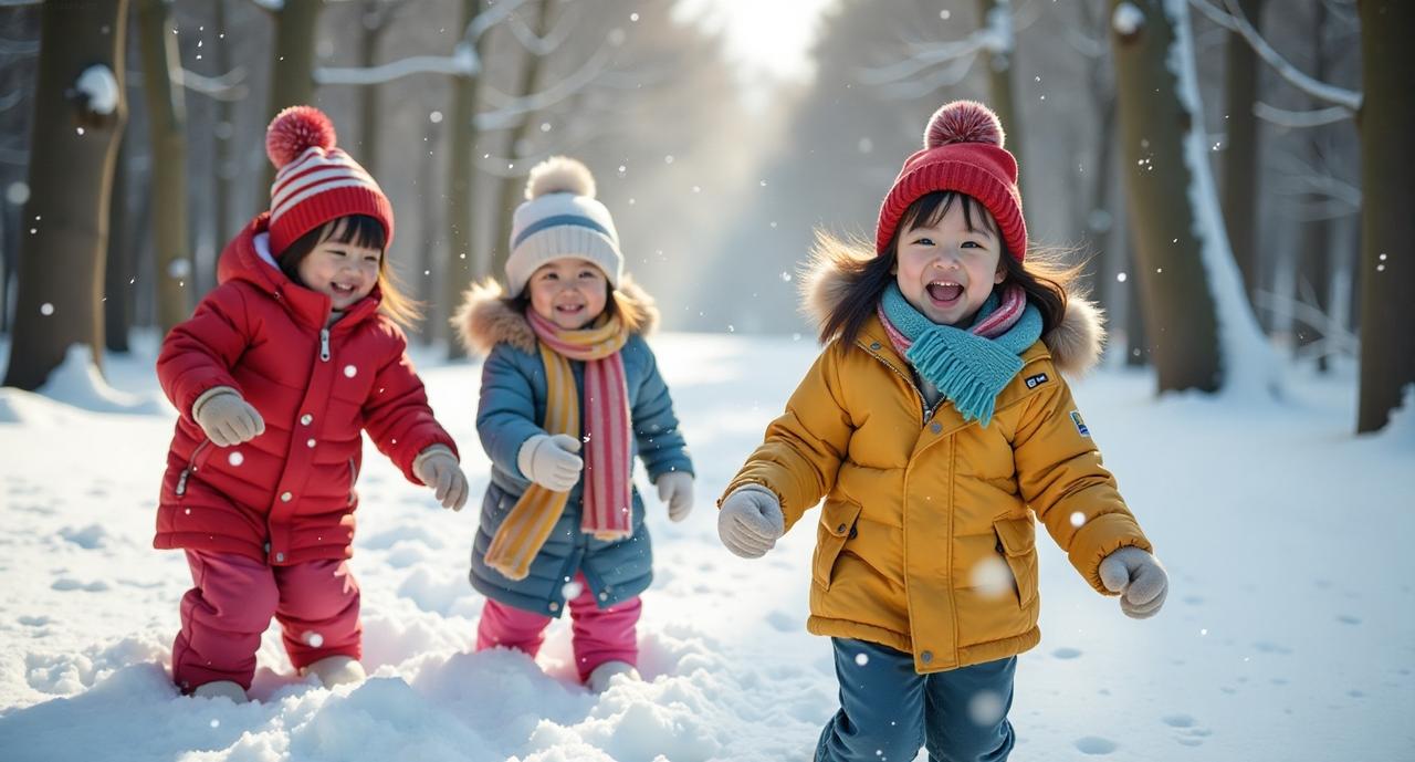冬日生活打卡季在一个银白色的冬日场景中，几位小孩欢快地在雪地上玩耍打雪仗。他们身