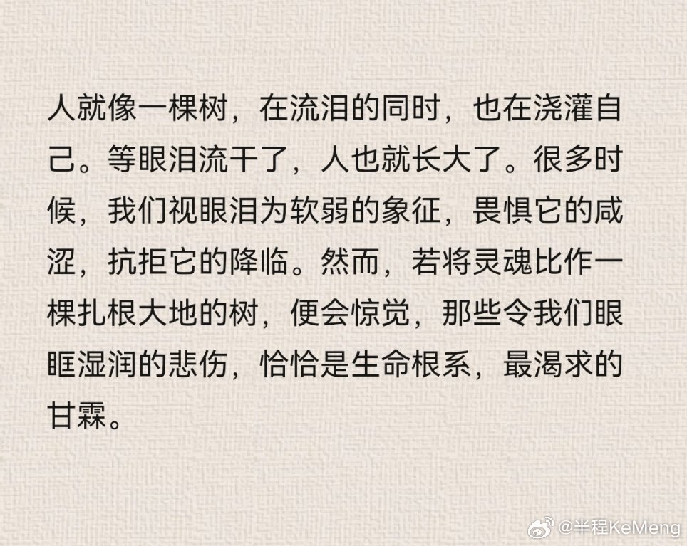 人就像一棵树，在流泪的同时，也在浇灌自己。等眼泪流干了，人也就长大了！ 