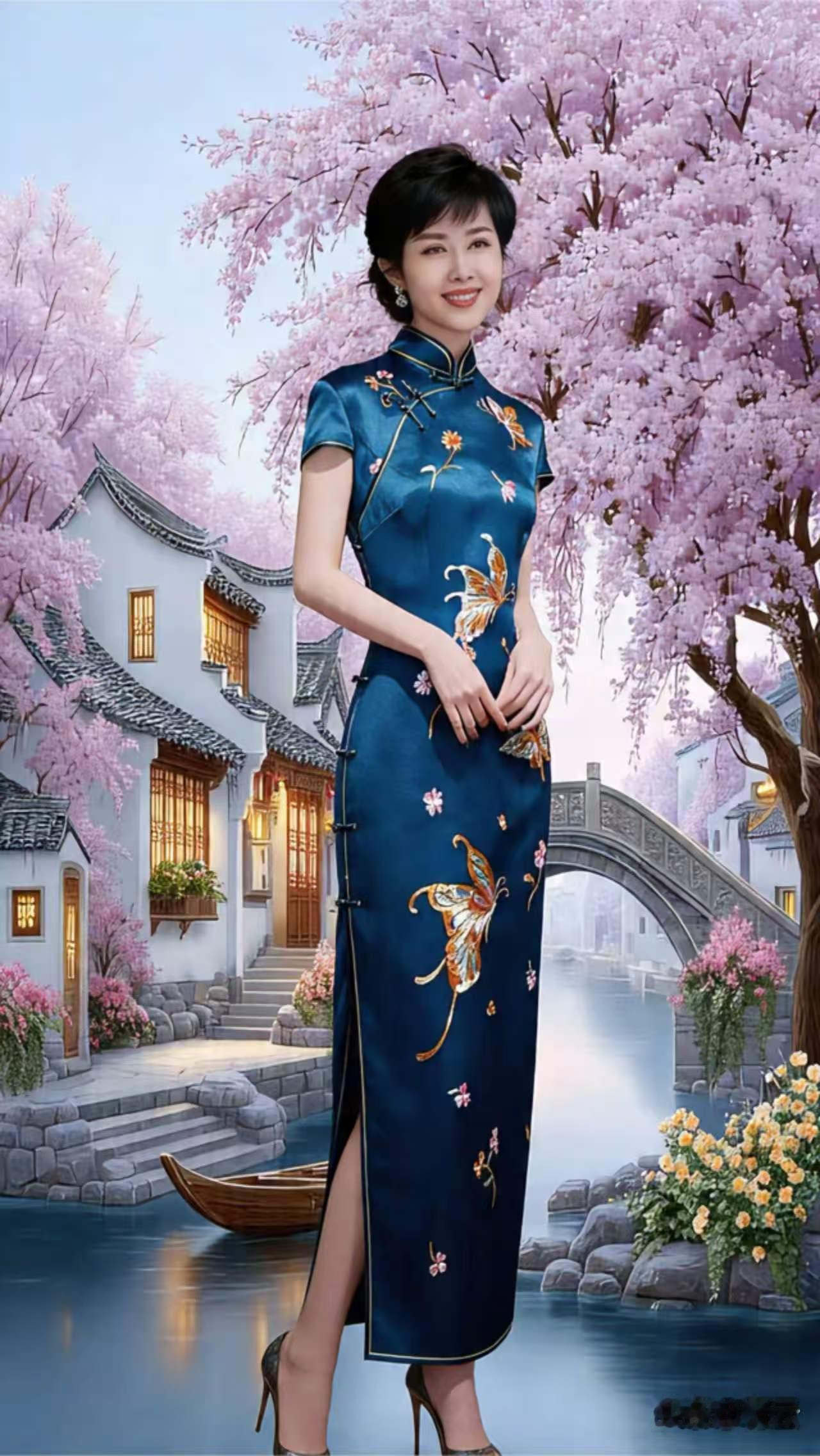 山坡羊·蓝旗袍江南韵
蓝袍裁秀，
江南春久，
缎衣凝光风情柔。
版型优，体态悠，