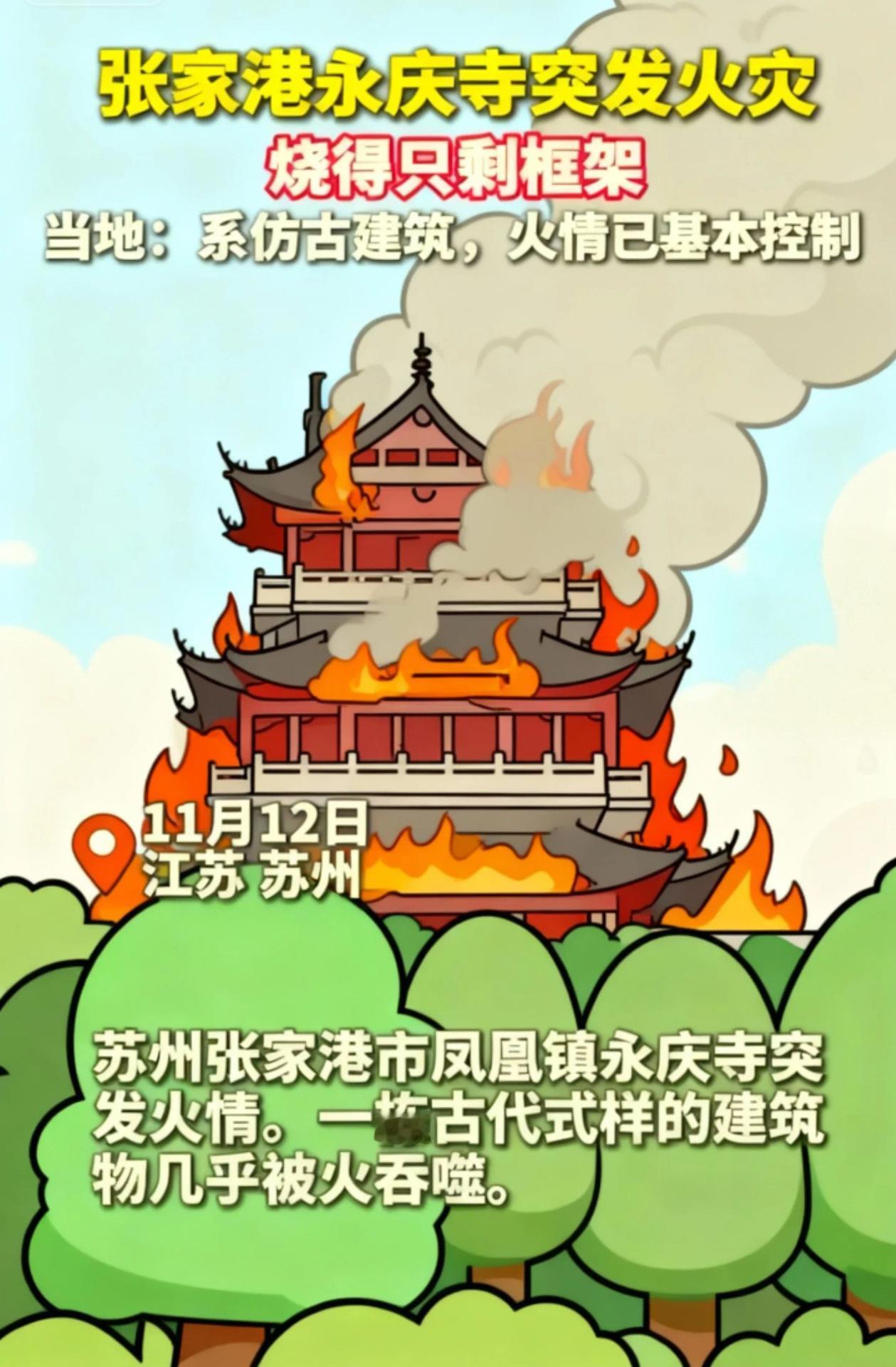 张家港永庆寺失火，烧得只剩框架当地：系仿古建筑，火情已基本控制＃永庆寺＃火灾
