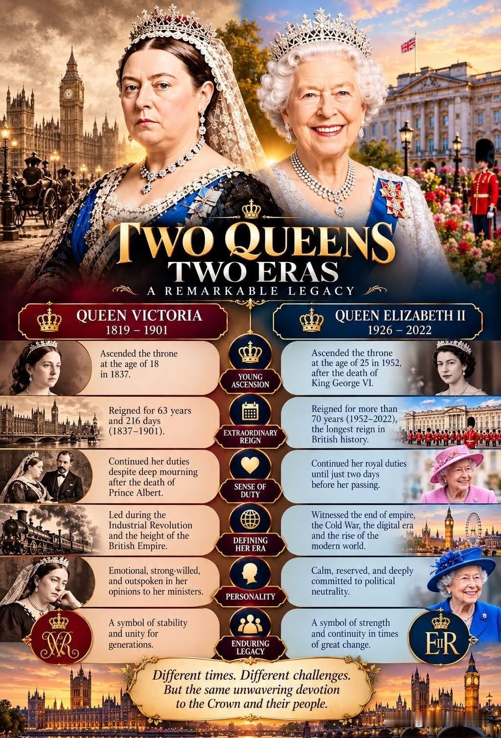👑两位女王，两个时代，一份不朽传奇。
 
维多利亚女王与伊丽莎白二世身处截然不