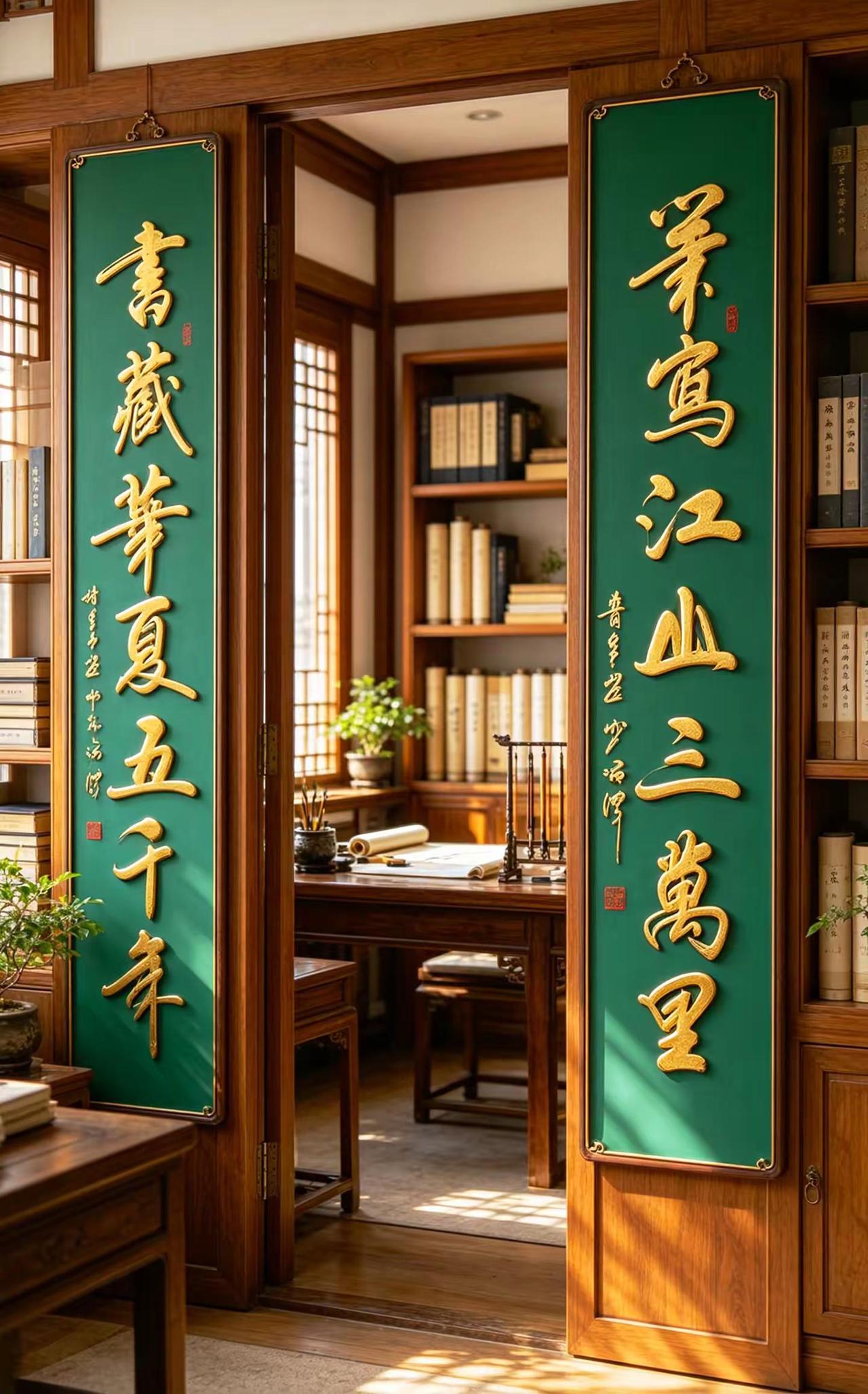 维安书法作品展示。AI书房金凸绿底对联场景