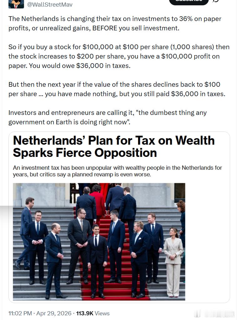 荷兰左派政府正在改变其投资税收制度，对“账面利润”（也就是未实现收益）征收36%