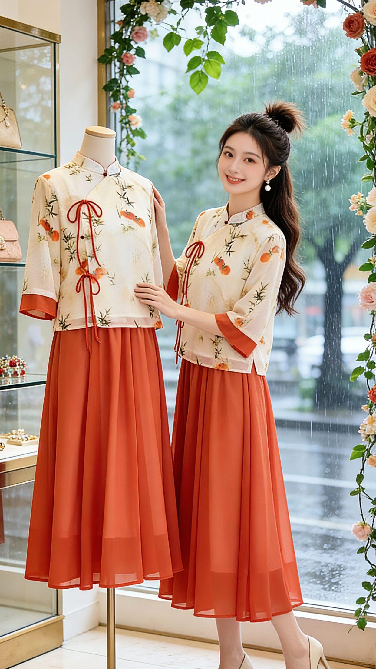 谁懂啊！这套新中式套装真的长在了东方女生的审美上！清透的柿竹印花上衣配柔润红调半