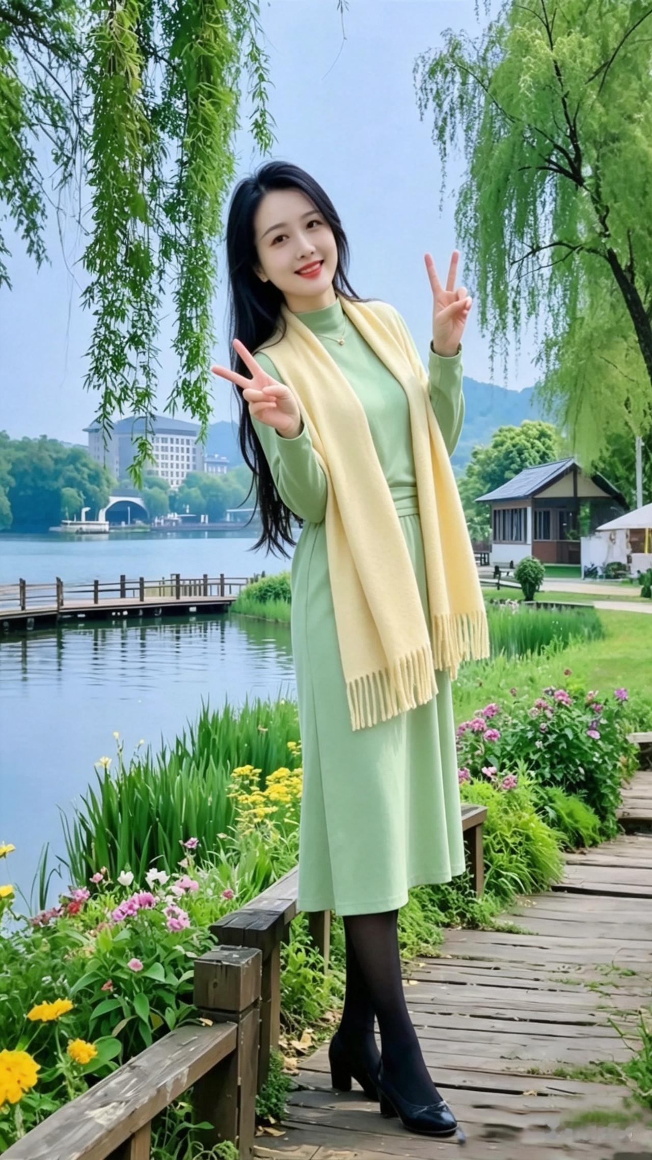 高挑雅致美女身着浅绿色连衣裙，颈间系米黄色围巾，立于繁花盛放的湖畔，双手比V姿态
