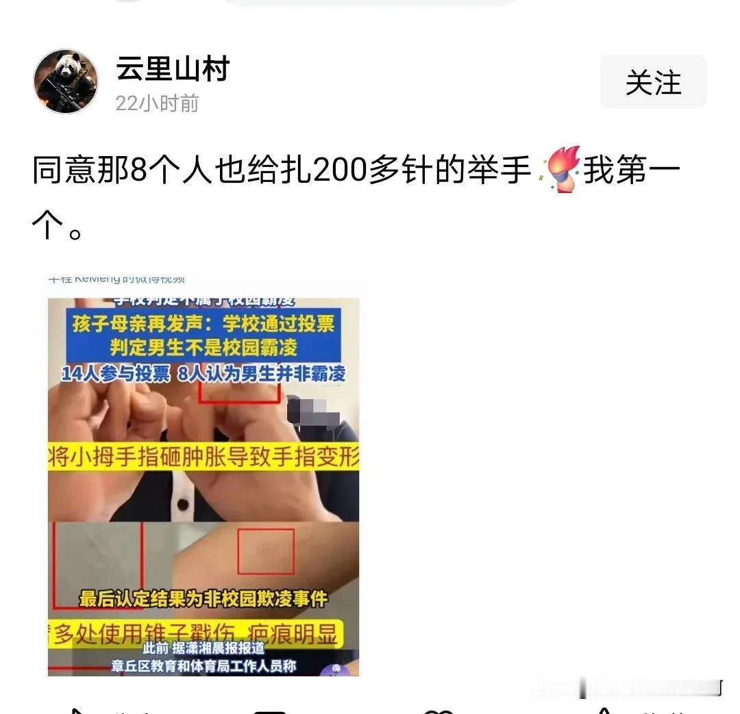 不，我坚决反对！应该给投票认为男孩扎别人200多针不属于霸凌那8个人，每个人扎上