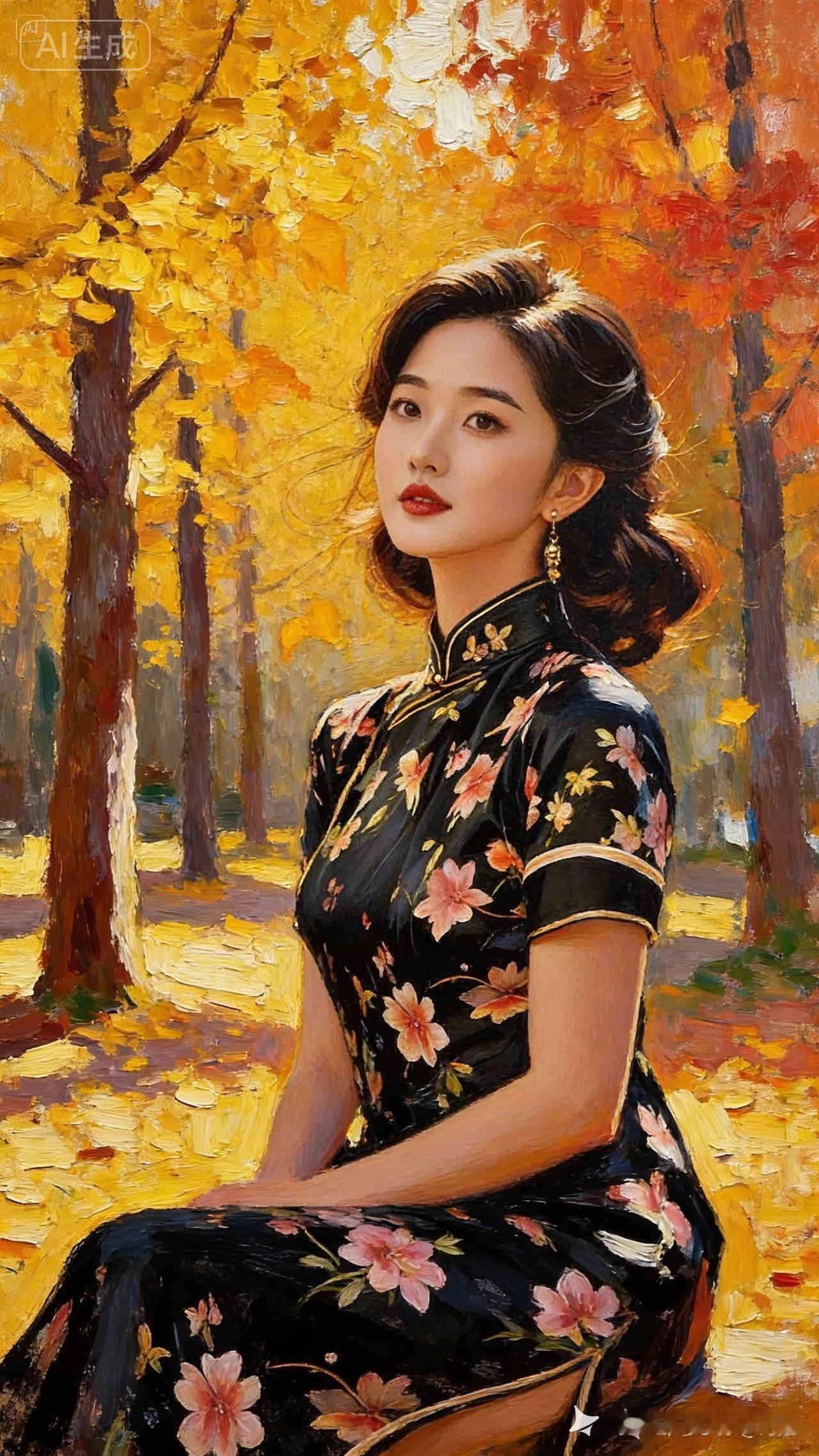 这是一位穿旗袍的女士坐在秋天的树林里。