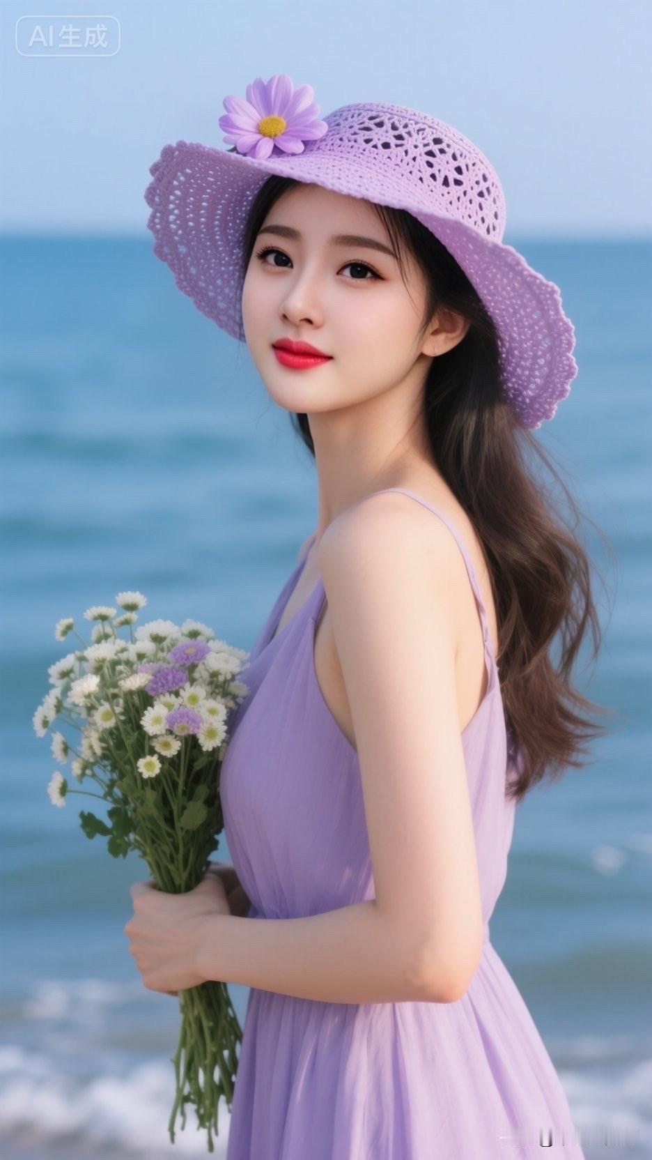 海边漫步，紫色花裙与帽子相得益彰，甜美如画