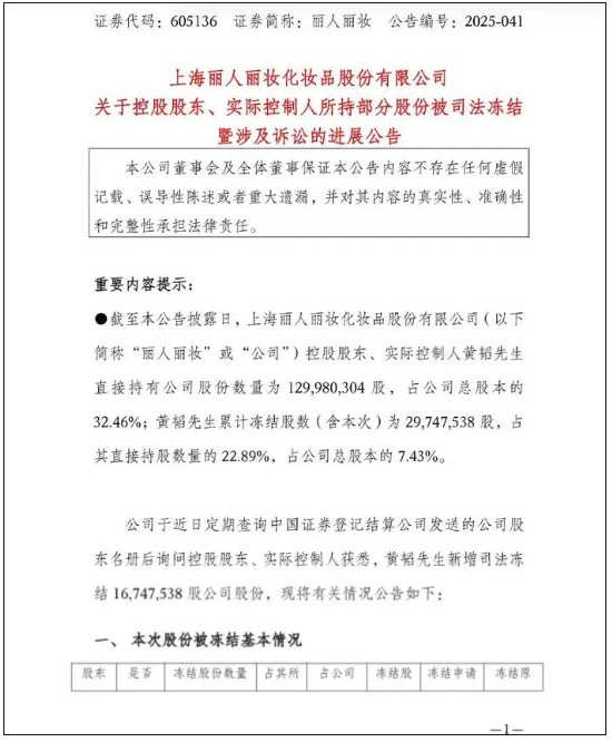 【#丽人丽妆的豪门婚变续集来了# 】7月22日，上海丽人丽妆化妆品股份有限公司公