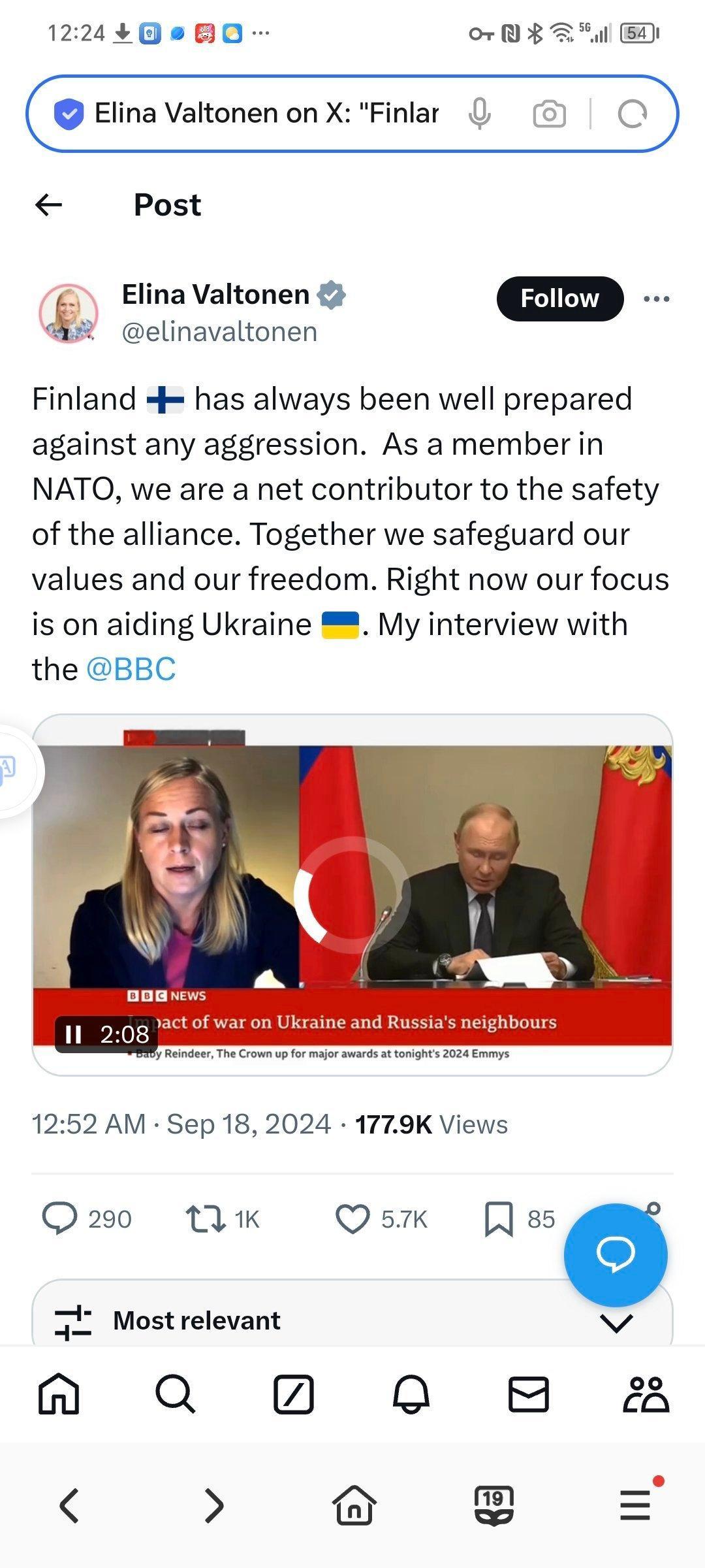 芬兰外交部长Elina Valtonen（埃利娜·瓦尔托宁）：“芬兰始终做好了抵