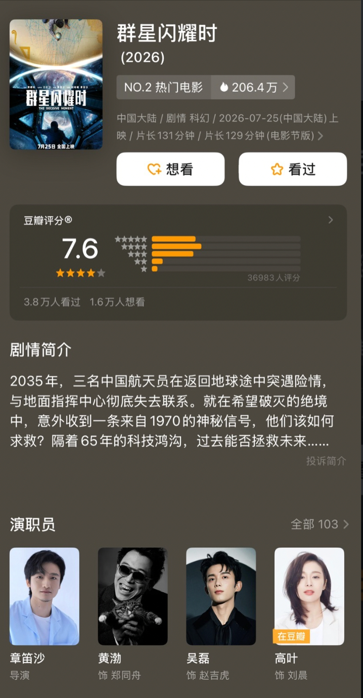 吴磊黄渤《群星闪耀时》今天上映，今天豆瓣就开分7.6了，现在开分都这么快的吗？