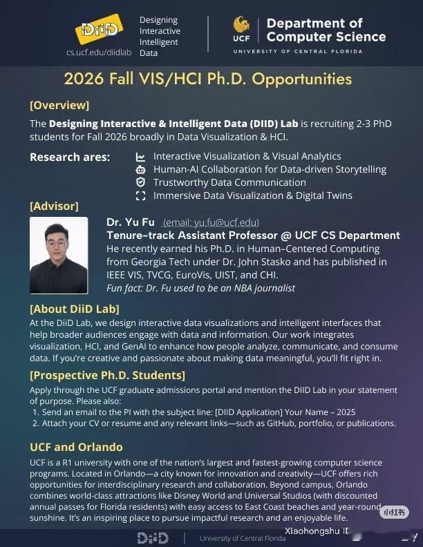 我来招生了，朋友们帮忙转转[笑cry] 2026年秋季UCF可视化/HCI博士招