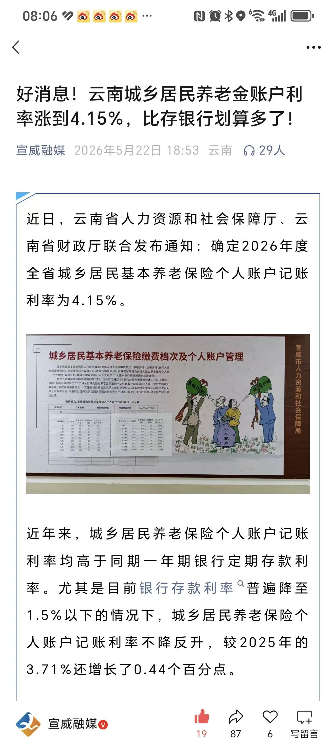 云南省的家人们，好消息来了。

已经确定了，云南省2026年城乡居民养老保险，个