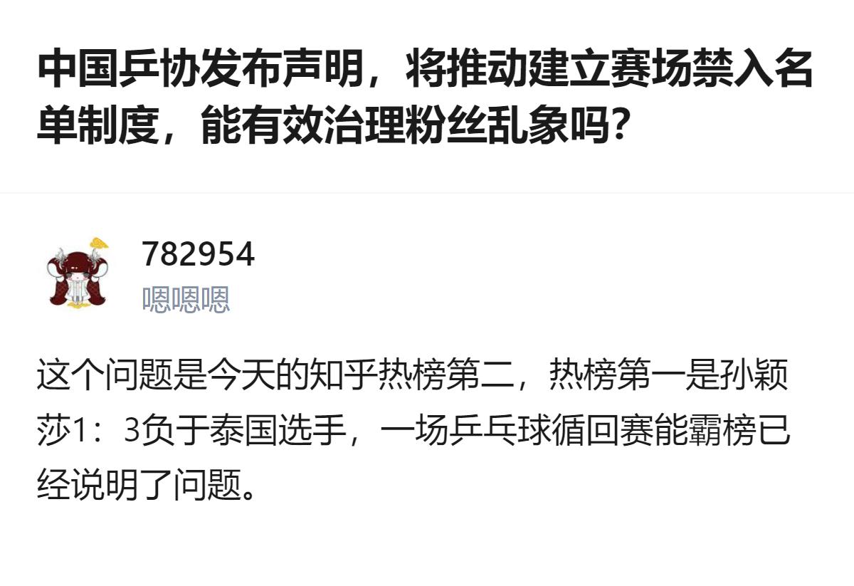 中国乒协针对极端球迷辱骂、造谣等行为发布声明，将推动建立赛场禁入名单制度，而相关