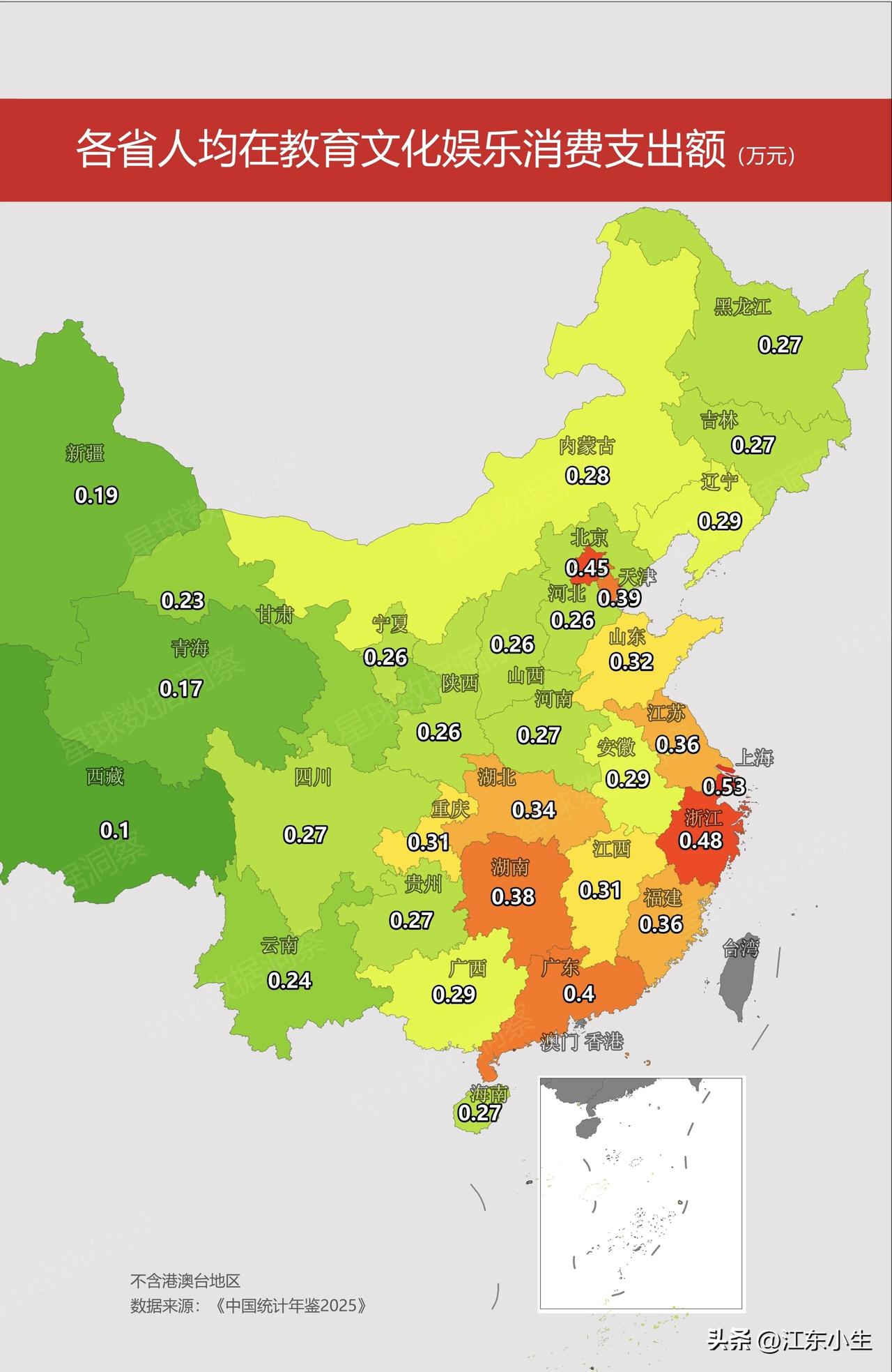 各省人均在教育文化娱乐消费支出额。