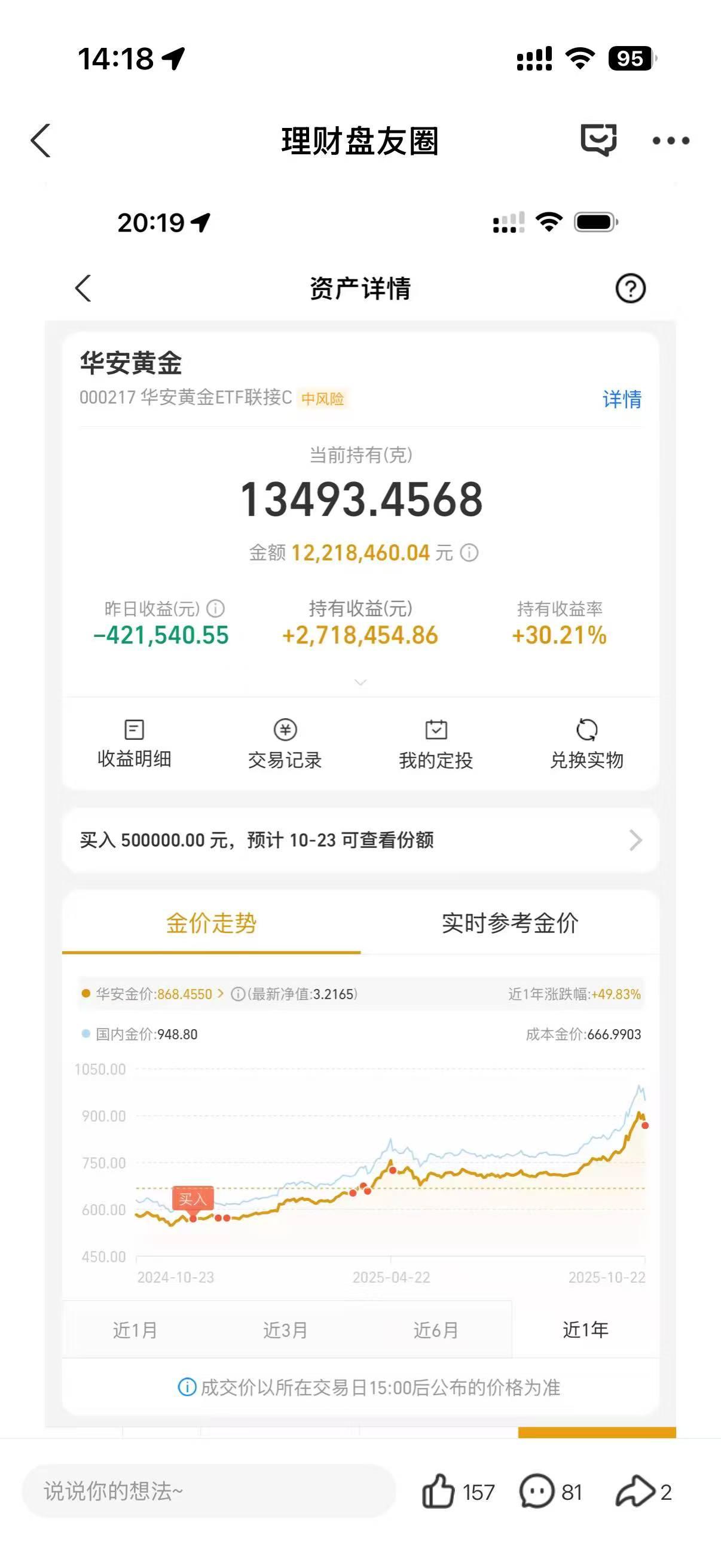 支付宝上发现了一个黄金大佬
昨天一天赔了四十多万
持有收益二百多万
看的真是让人