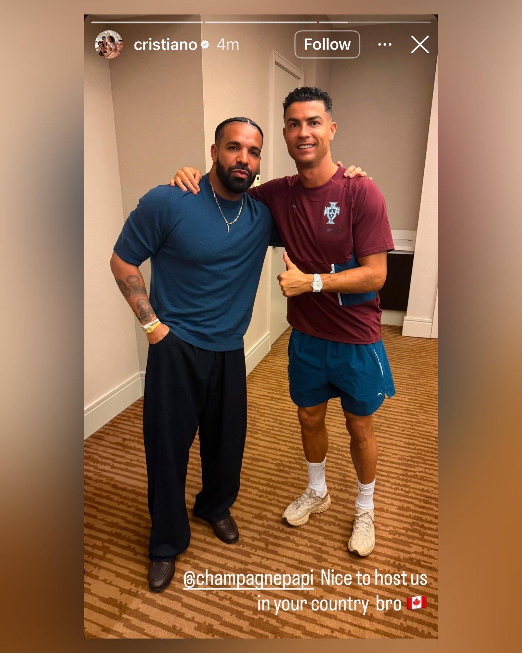 C罗感谢 Drake 在加拿大招待他Drake 回复说“他们在同一高度”"We 
