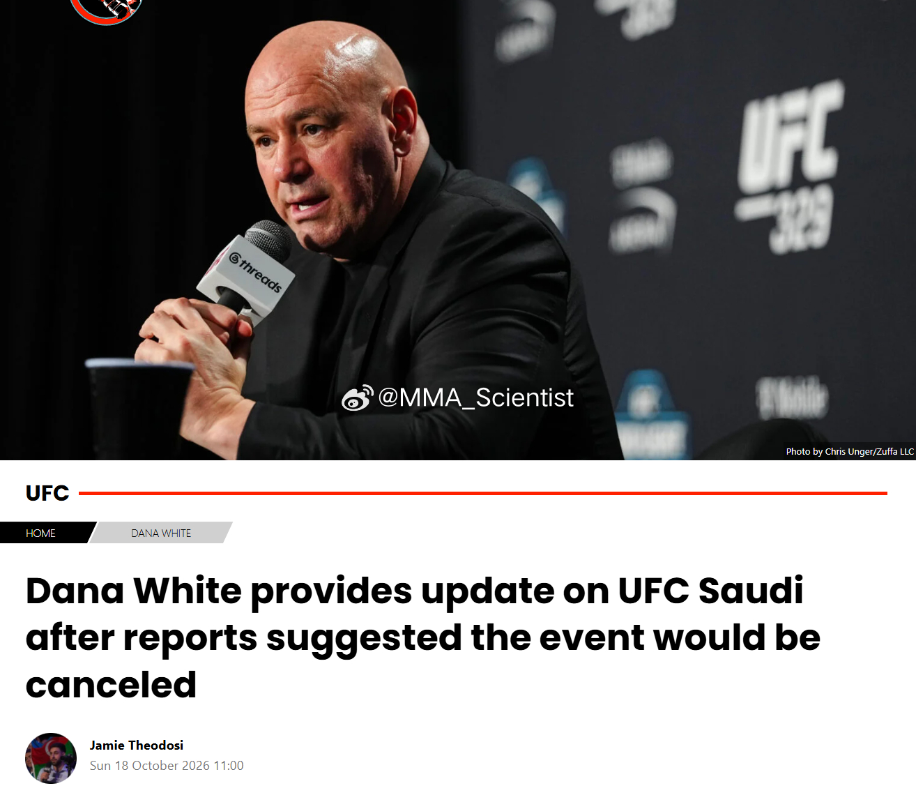 “一言九鼎”白大拿（Dana White）确认，UFC近期在沙特阿拉伯举办的赛事