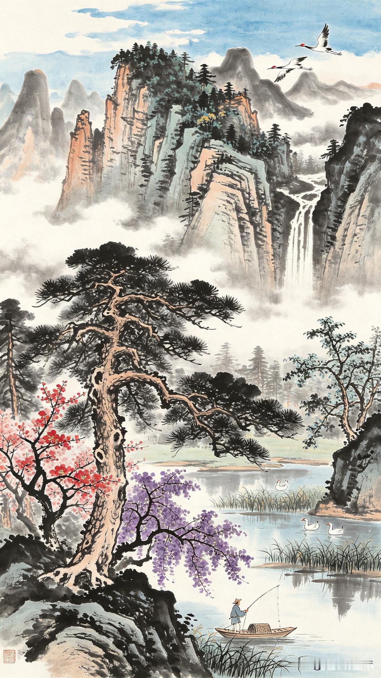 高山流水，山林古松垂钓图