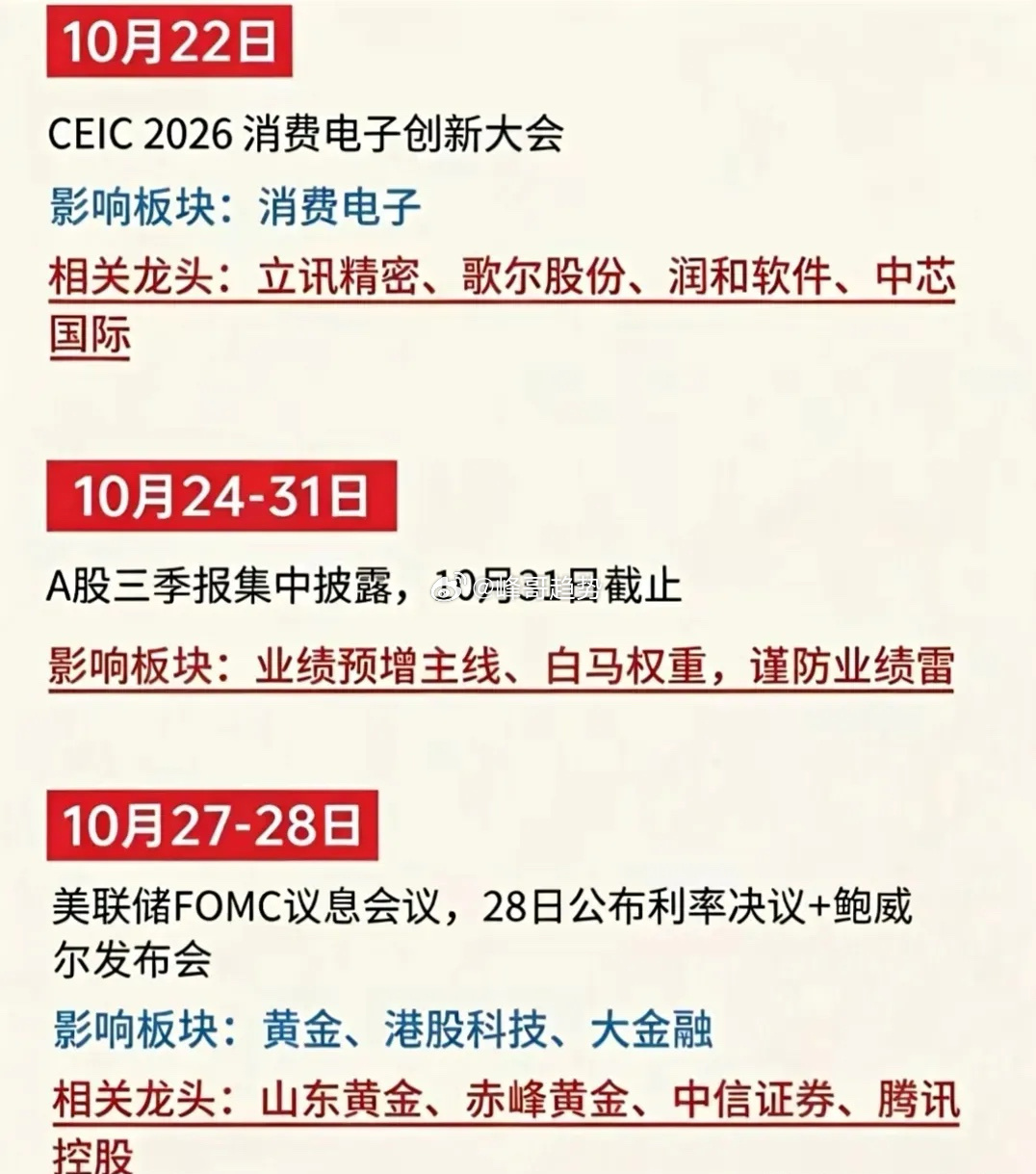 10月A股重磅炸场！多条科技主线集中爆发，大事时间表收好。10月A股好戏不断，多