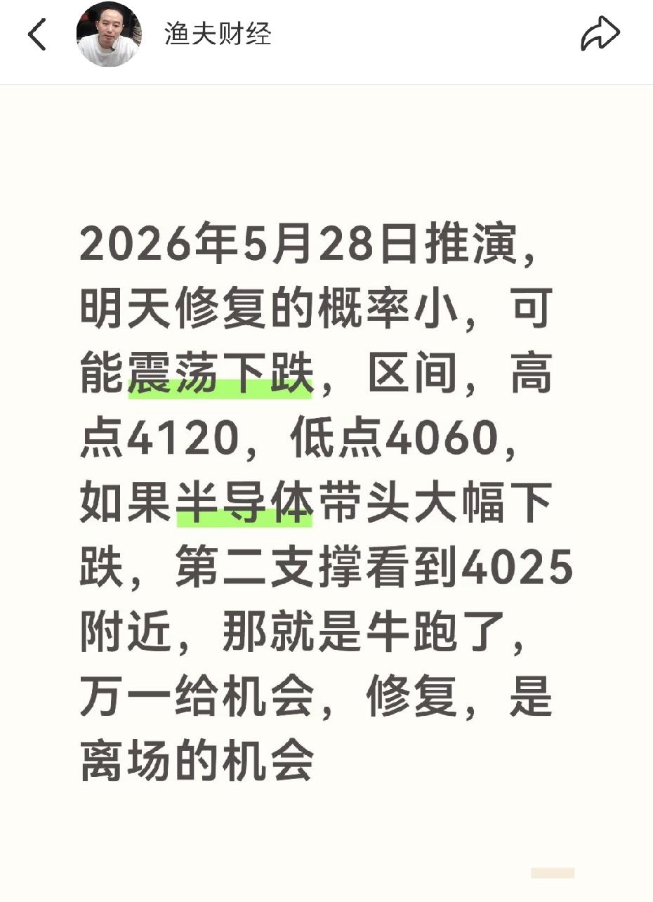 2026年5月28日推演，明天上证指数修复的概率小，可能震荡下跌，区间，高点41