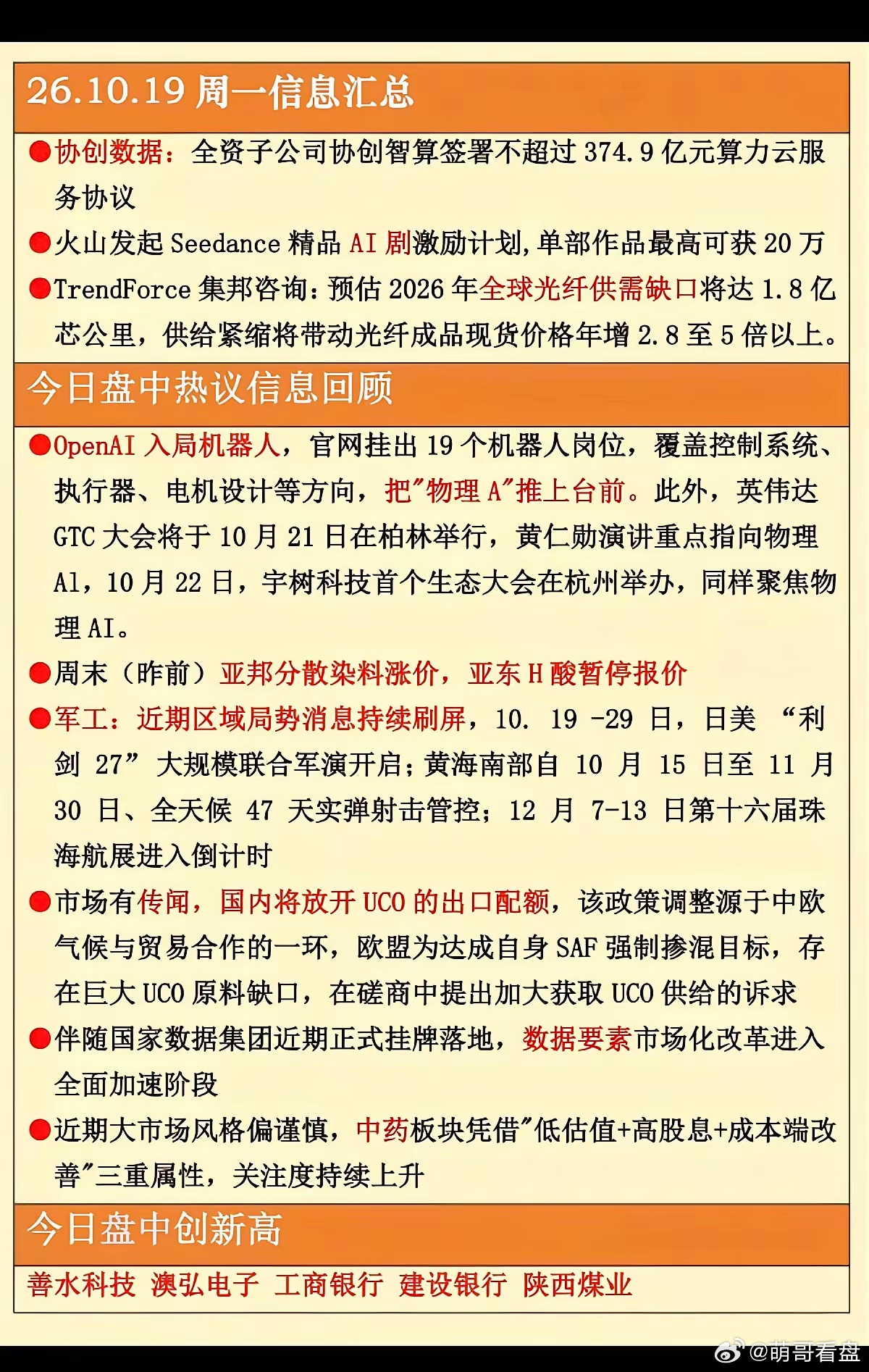 10.19周一  晚间：财经热点信息整理！​1.智算中心，算力2.全球光纤缺口3