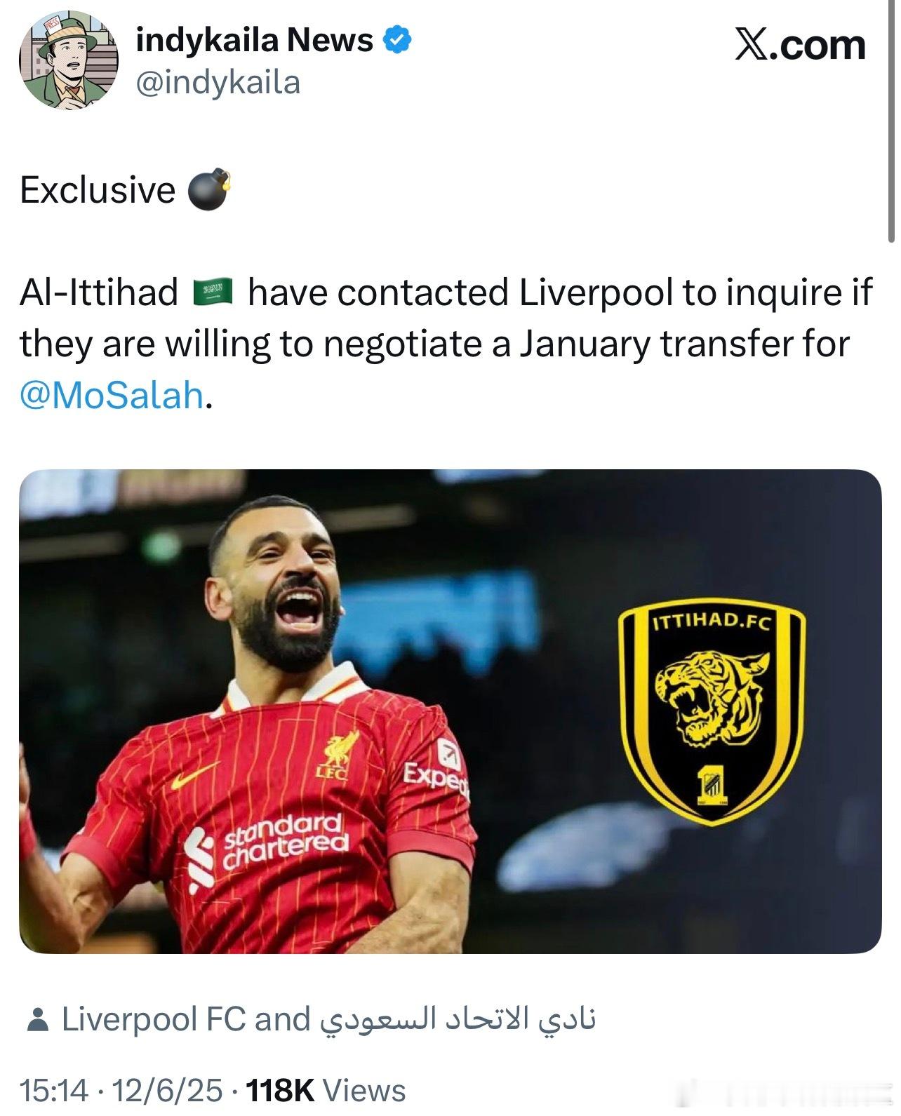 绿帽哥编独家说吉达联合已经联系了利物浦询问他们是否愿意在冬窗谈谈卖萨拉赫底下有网