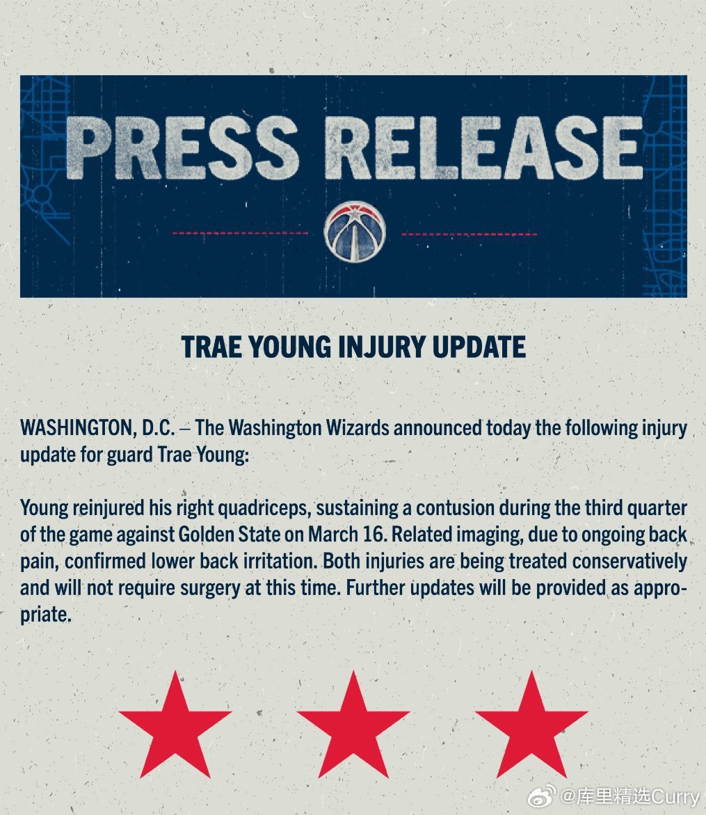 奇才队表示，特雷·杨不需要手术，但因股四头肌和背部伤势将无限期休战。 