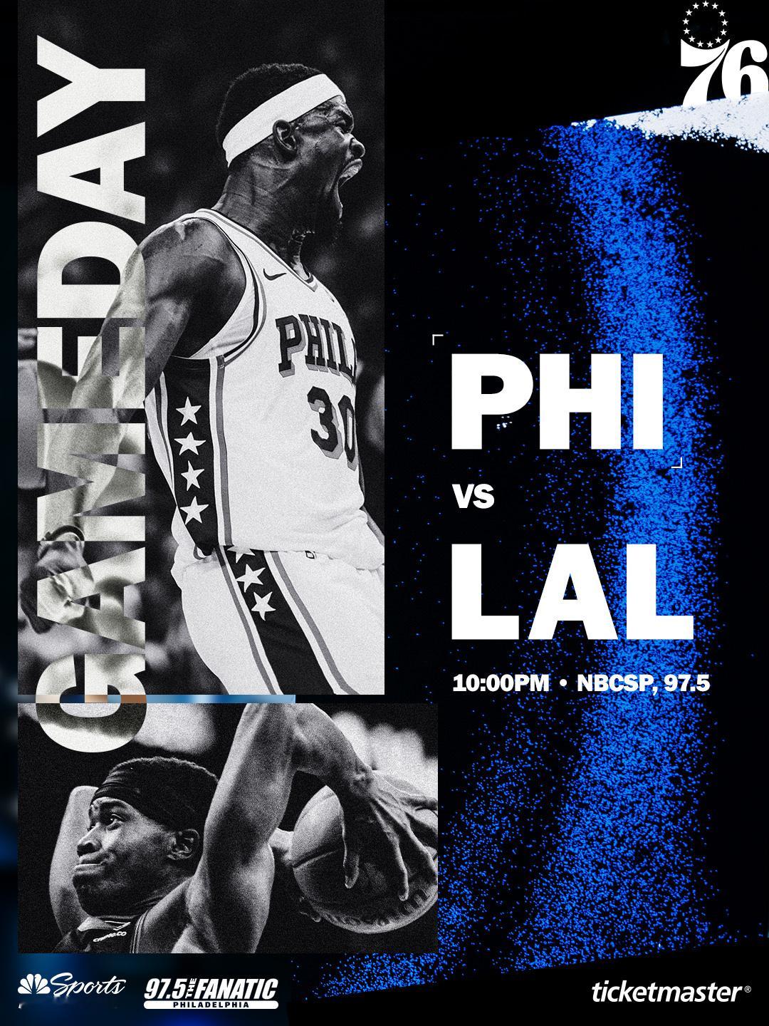 常规赛第51场：76人vs湖人首发阵容名单：马克西、埃奇库姆、乌布雷巴洛、恩比德