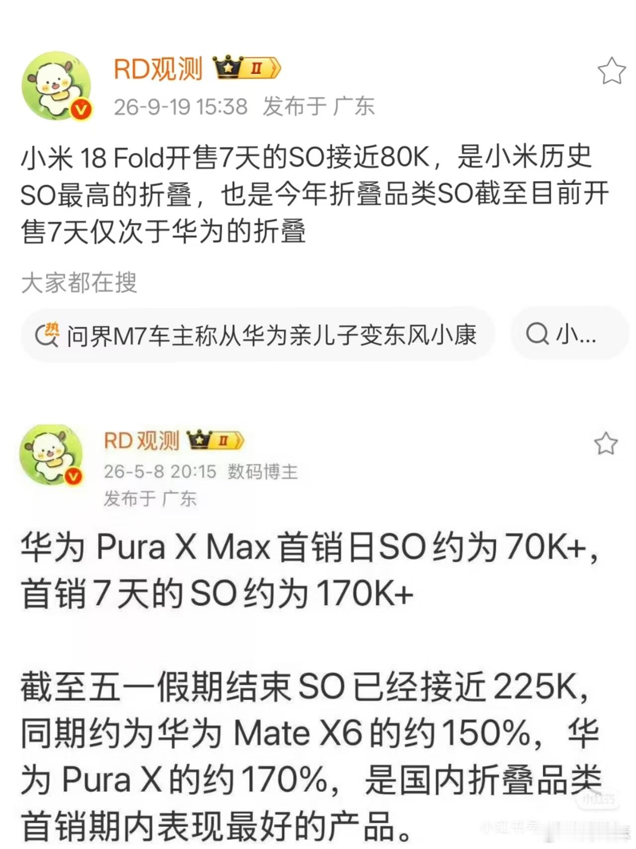 小米 18 Fold 开售七天的 SO接近 80K。作为对比，华为 Pura X
