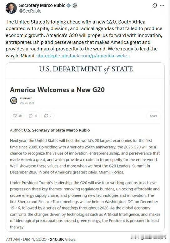 【美国国务卿鲁比奥：不邀请南非出席2026年G20峰会】

美国接棒举办2026