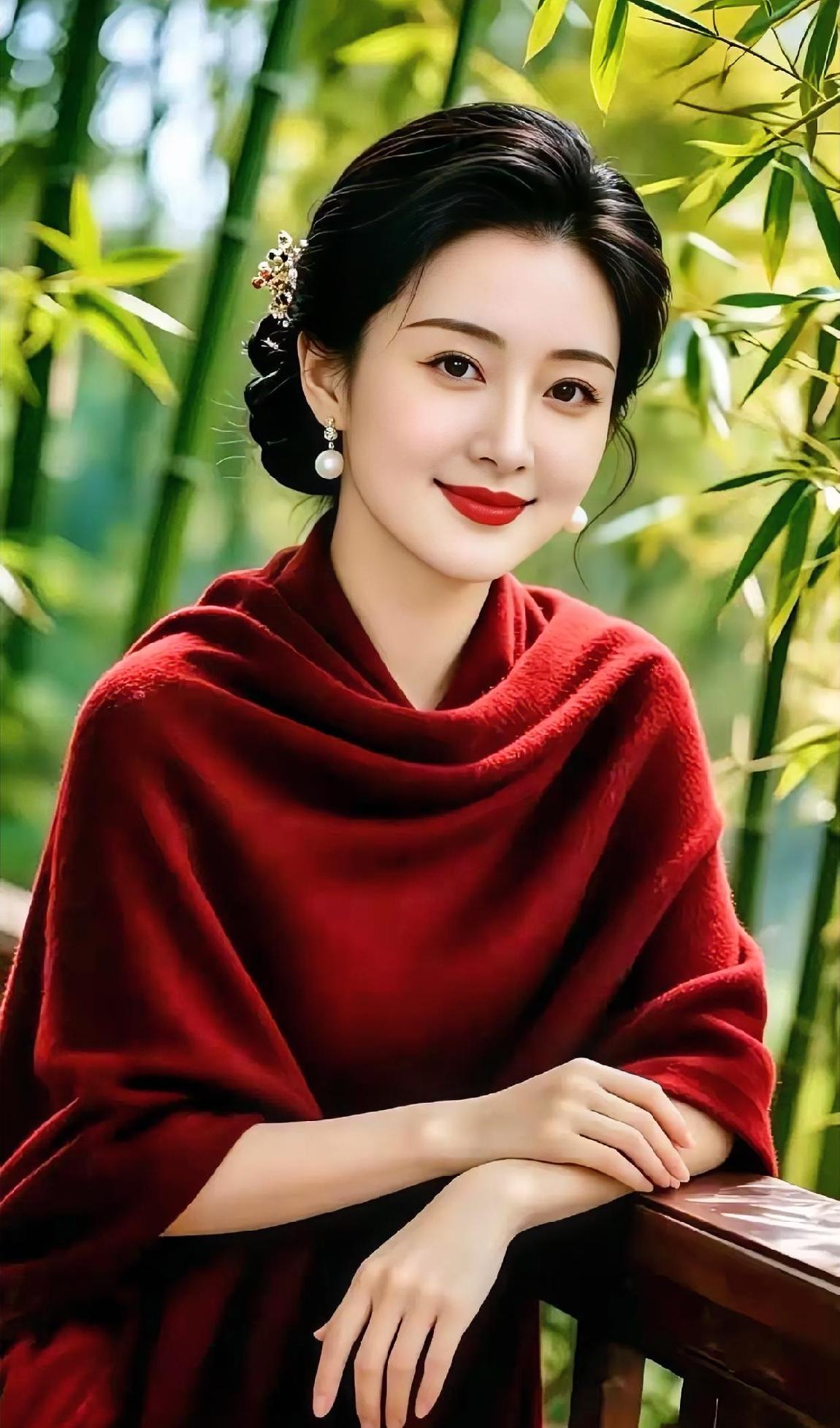 竹间红韵

翠竹轻摇，筛下斑驳晴光，

你倚栏，红袄如枫燃秋阳。

珍珠微漾，耳