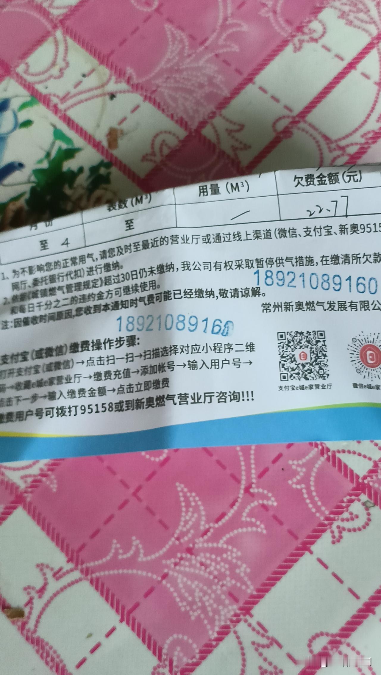 我的天呀！天然气竟然欠费了，一张便签贴在门上，昨天看到了，赶快去交吧。

交费的