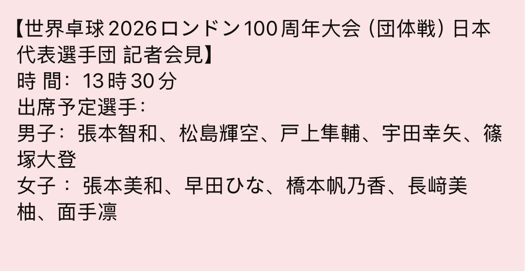 张本智和张本智和 2026年伦敦世乒赛 小智将出席世乒赛日本国家队赛前记者会，将
