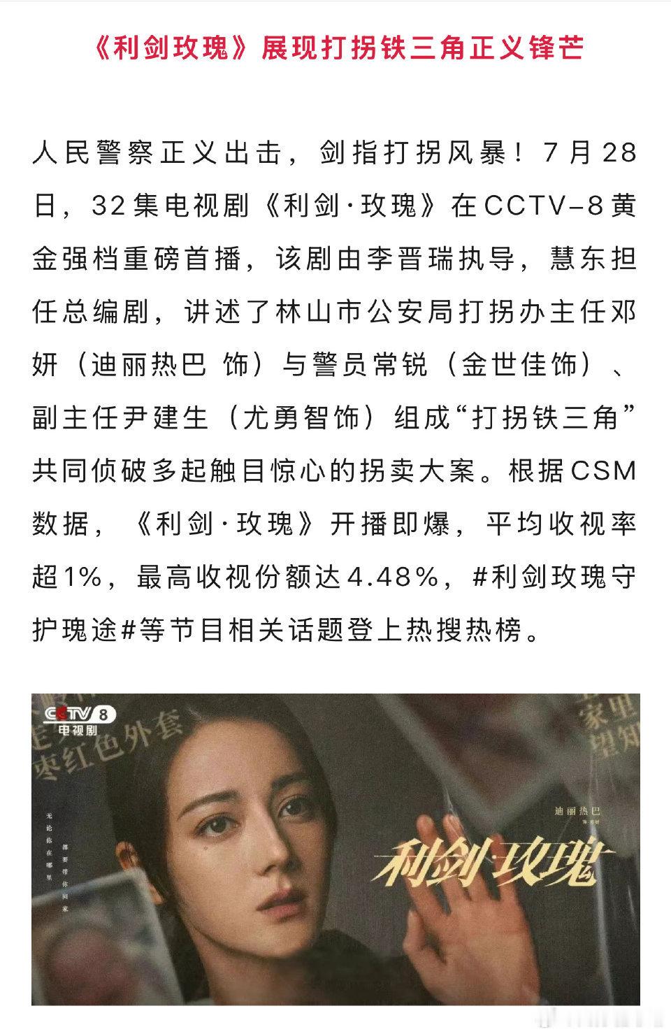 迪丽热巴《利剑玫瑰》，开播当日，酷云最高2.44+！ CMG认证开播即爆！ 期待