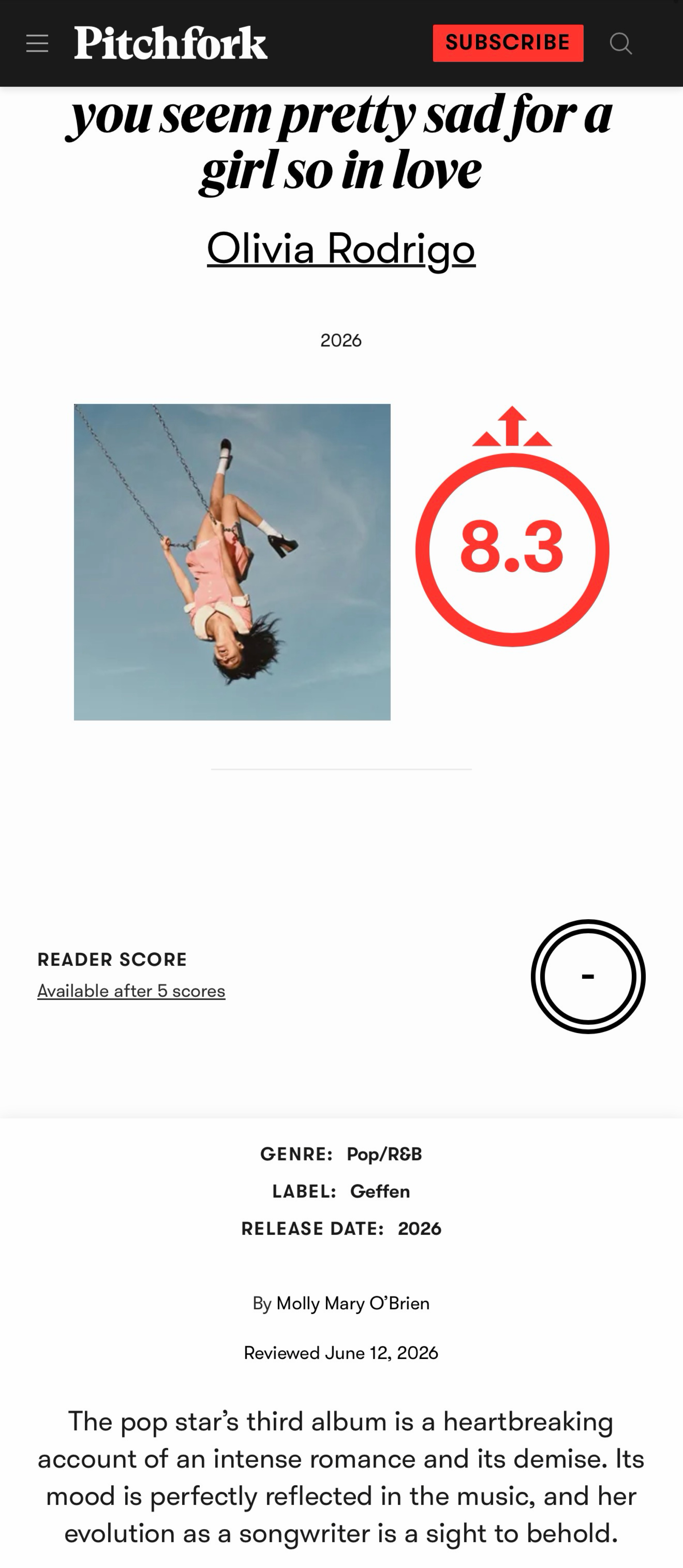 OMG！婊叉Pitchfork给娅娅Olivia Rodrigo新专辑《you 