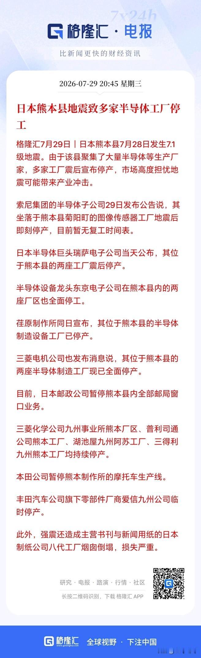这不是妥妥的利好大A半导体吗？

日本熊本县地震已经导致多家半导体工厂停产！这无