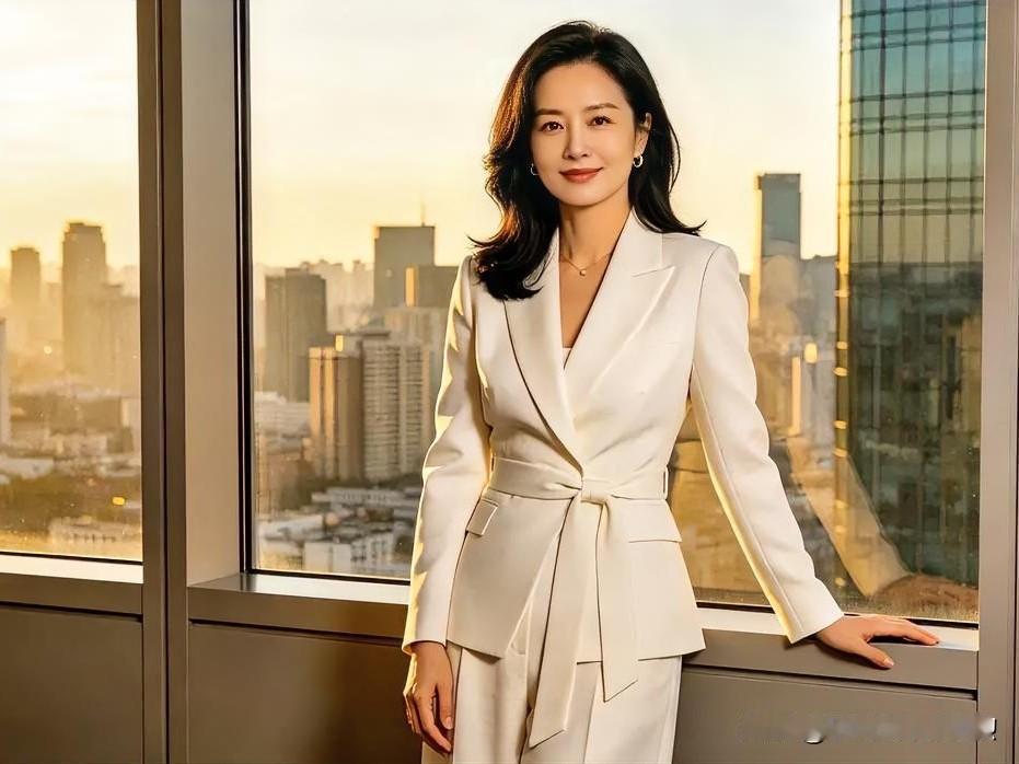 落日熔金倾洒白西服，凭窗远眺都市繁华，气场从容尽显摩登风骨。