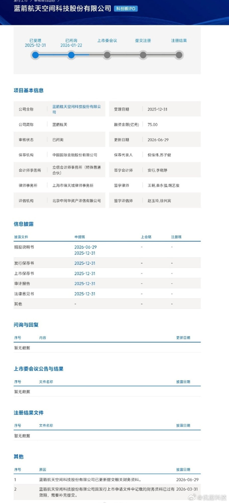 【两家国内商业火箭公司更新招股书】蓝箭航天中科宇航竞速商业航天第一股6月29日，